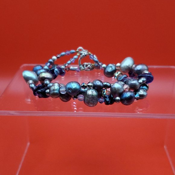 Jewelry - 8 Inch 925 Sterling Silver Three Layers Of Genuine Pearls Bracelet